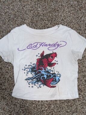 Ed Hardy White Tee with Purple Logo and Red Fish Graphic